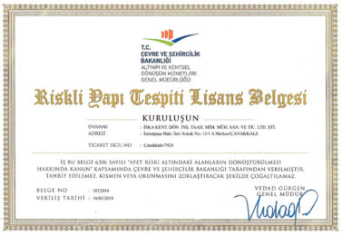 RİSKLİ YAPI TESPİT LİSANS BELGEMİZ